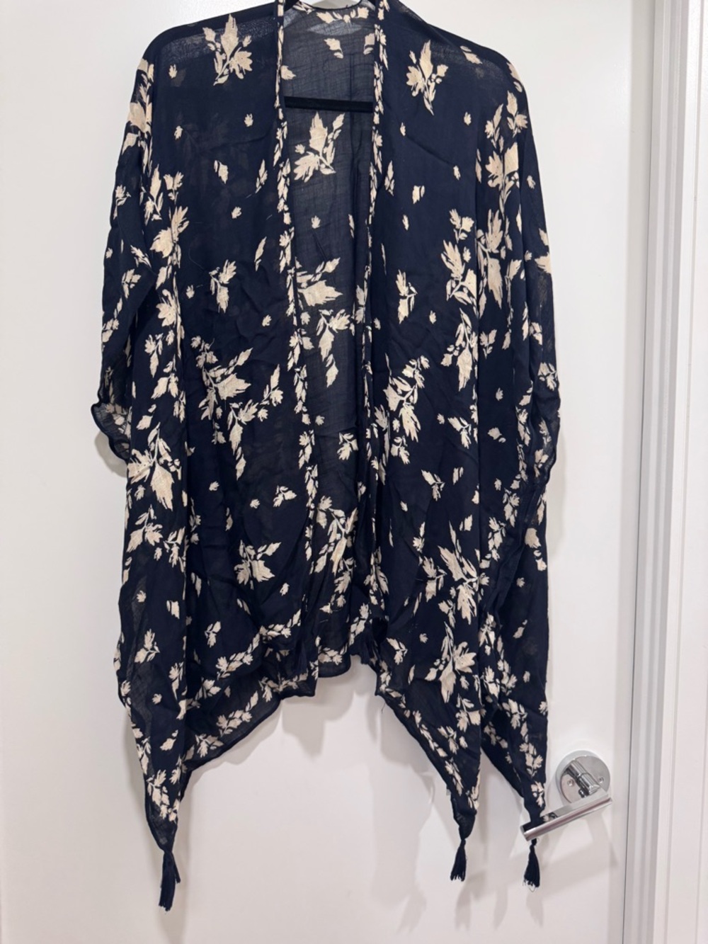 3/$65 Gentle Fawn Navy and Cream Floral Sheer Kimono with Tassels